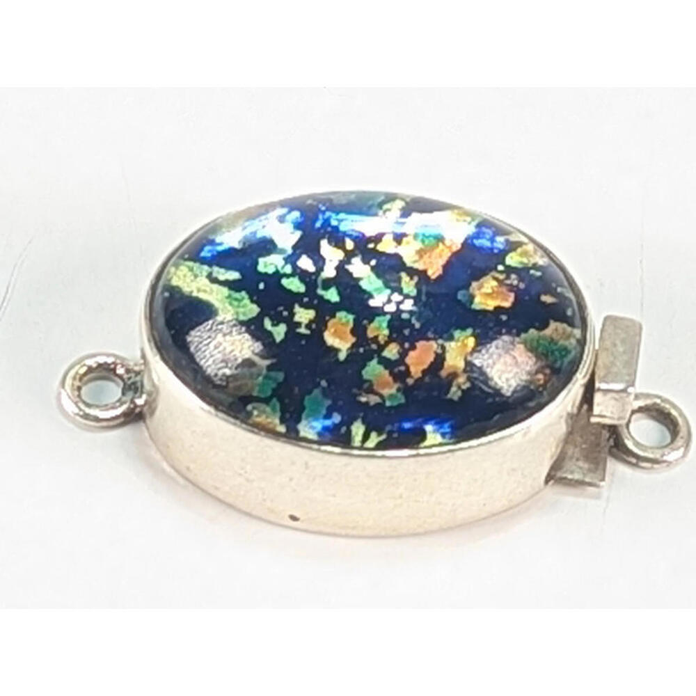 925 Sterling Silver Dichroic Glass Pendant Blue Orange Green Multicolor 1-1/2" - Picture 2 of 7